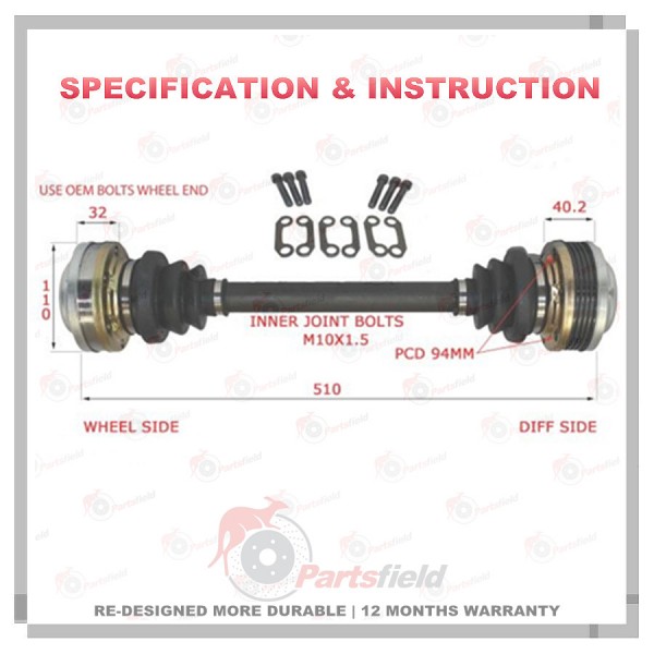 1 x CV Drive Shaft fits Holden Statesman WH WK WL V6 V8 Rear 99-06 LH=RH